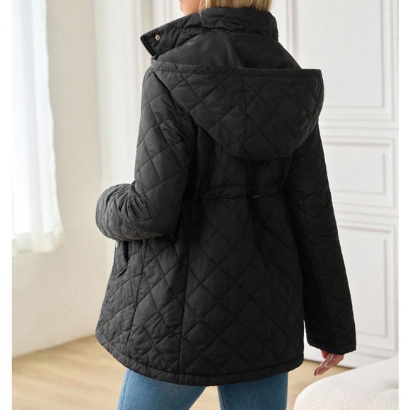 Maternity Black Quilted Pockets Zip up Snap Button Hoodie Jacket Coat - Picture 5 of 7